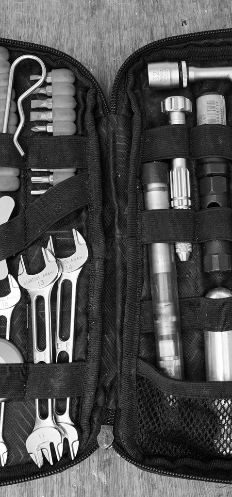 Rolling Mavericks personal tool roll with trail jack and Asahi wrenches