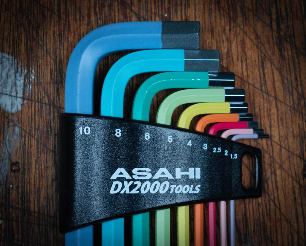 Asahi CATCHER BALL 9-piece colored Allen key hex set made from high-quality chrome vanadium steel for durability and precision tasks.