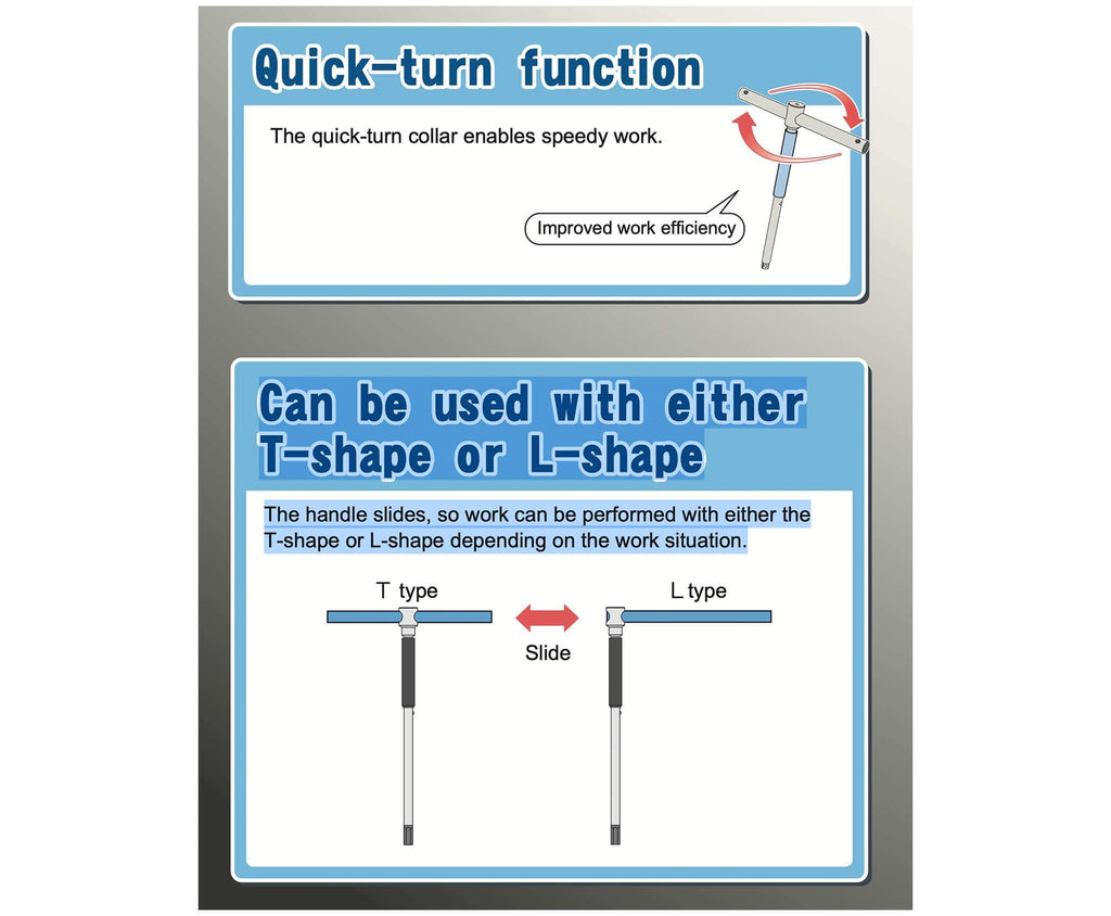 Diagram showcasing quick-turn function and versatility of Asahi Quick-Turn Hexagon Key Wrench, usable in T-shape or L-shape for enhanced work efficiency.