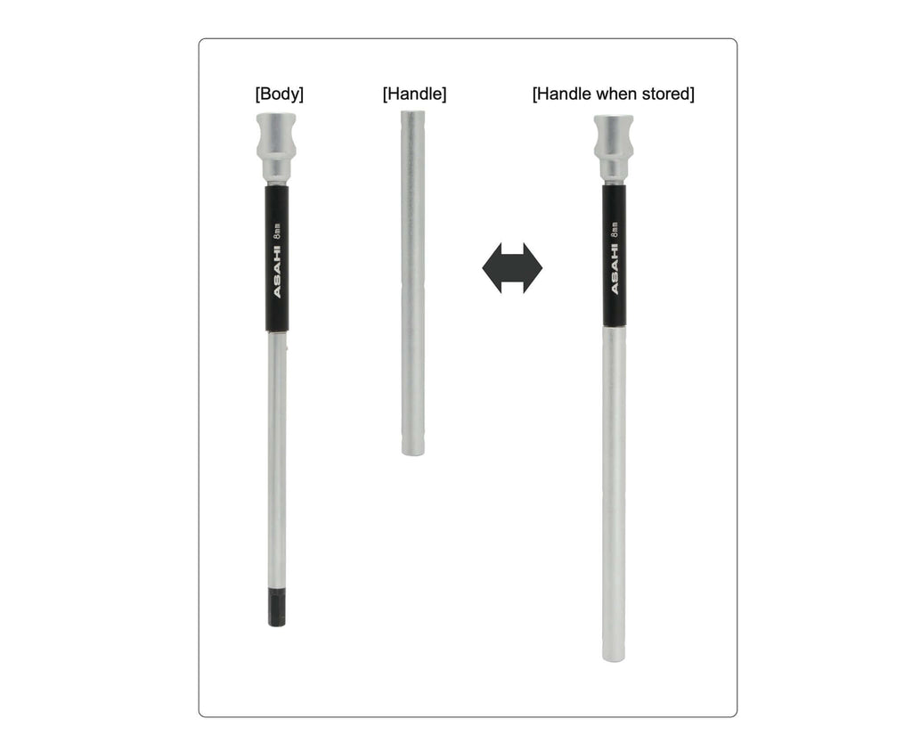 Asahi Quick-Turn Hexagon Key Wrench with Detachable Handle in three configurations: full tool, handle detached, and handle stored.